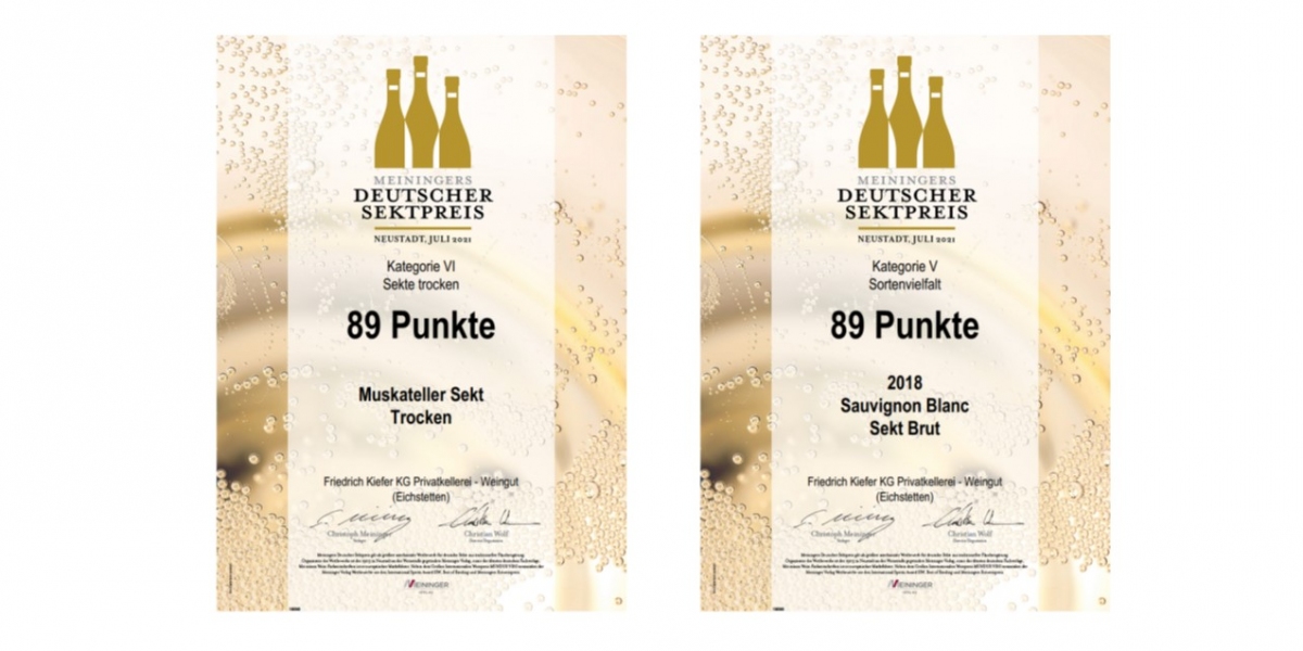 Meiningers Deutscher Sektpreis 2021 | Muskateller Sekt Trocken und Sauvignon Blanc Sekt Brut vom ökologischen Weingut Kiefer vom Kaiserstuhl in Herrenbuck