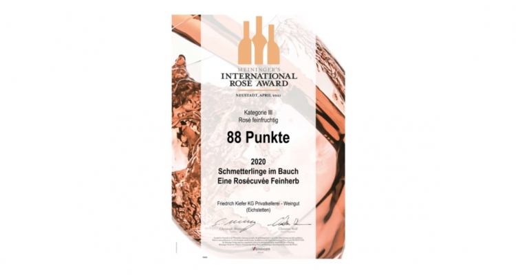 Meiningers International Rosé Award 2021 | Rosécuvée Schmetterlinge im Bauch vom ökologischen Weingut Kiefer vom Kaiserstuhl in Herrenbuck