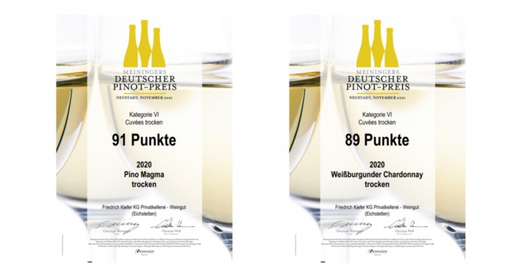 Meiningers Deutscher Pinot Preis 2021 | Weißburgunder Chardonnay trocken, Pino Magma trocken und Cuvée aus Weißburgunder & Chardonnay vom ökologischen Weingut Kiefer vom Kaiserstuhl in Herrenbuck