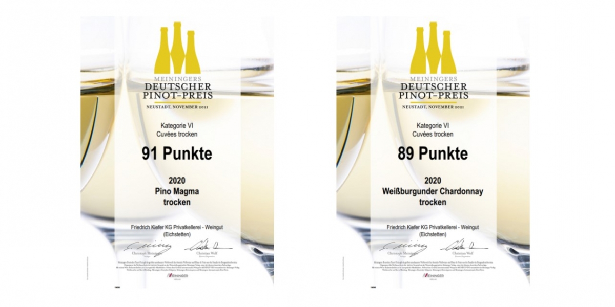 Meiningers Deutscher Pinot Preis 2021 | Weißburgunder Chardonnay trocken, Pino Magma trocken und Cuvée aus Weißburgunder & Chardonnay vom ökologischen Weingut Kiefer vom Kaiserstuhl in Herrenbuck