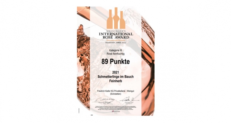 Meiningers International Rosé Award 2022 | Roséwein Rosécuvée Schmetterlinge im Bauch vom ökologischen Weingut Kiefer vom Kaiserstuhl in Herrenbuck